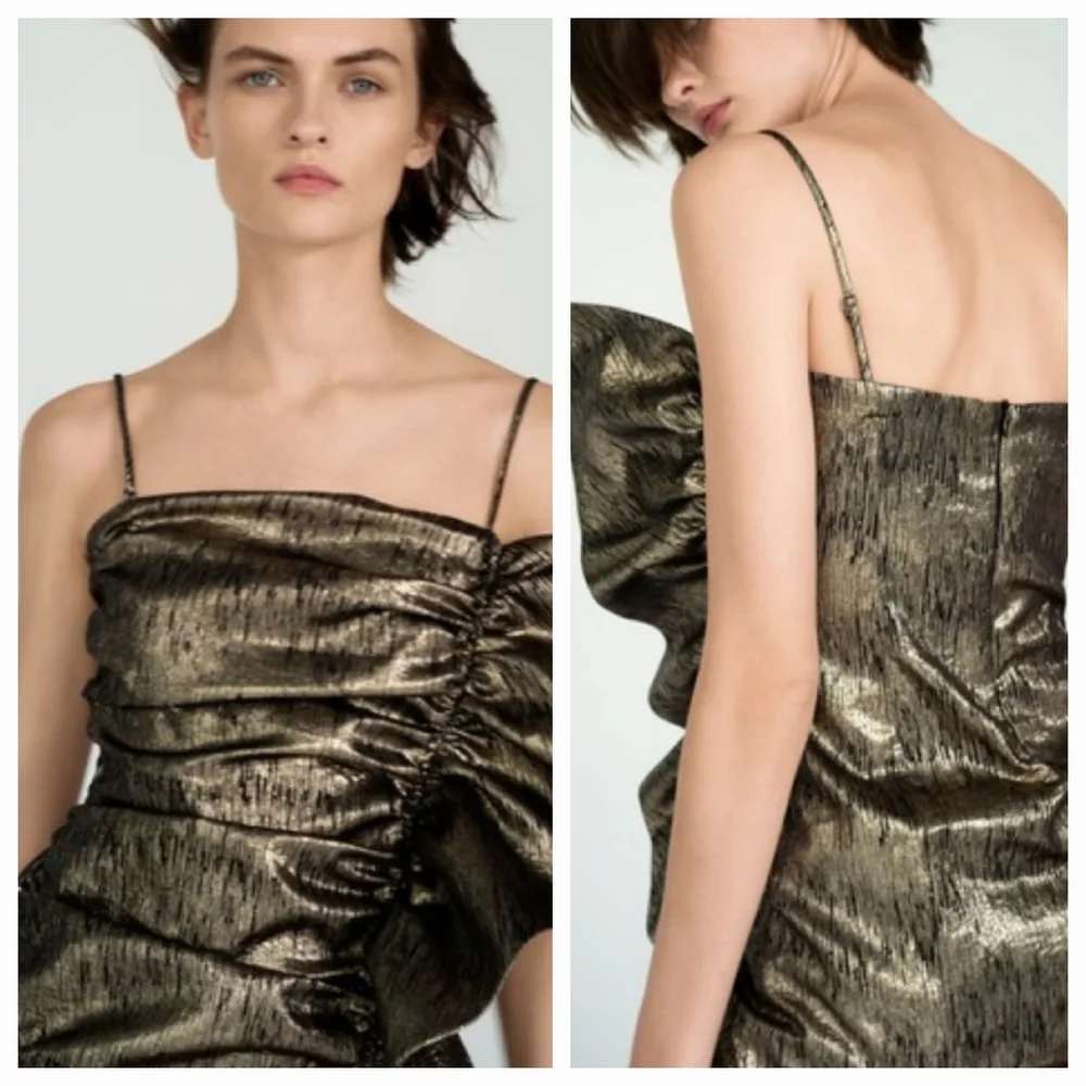 Zara Gold Metallic Mini Dress S Small Sleeveless Ruffled Bow Holiday Party - Picture 3 of 14